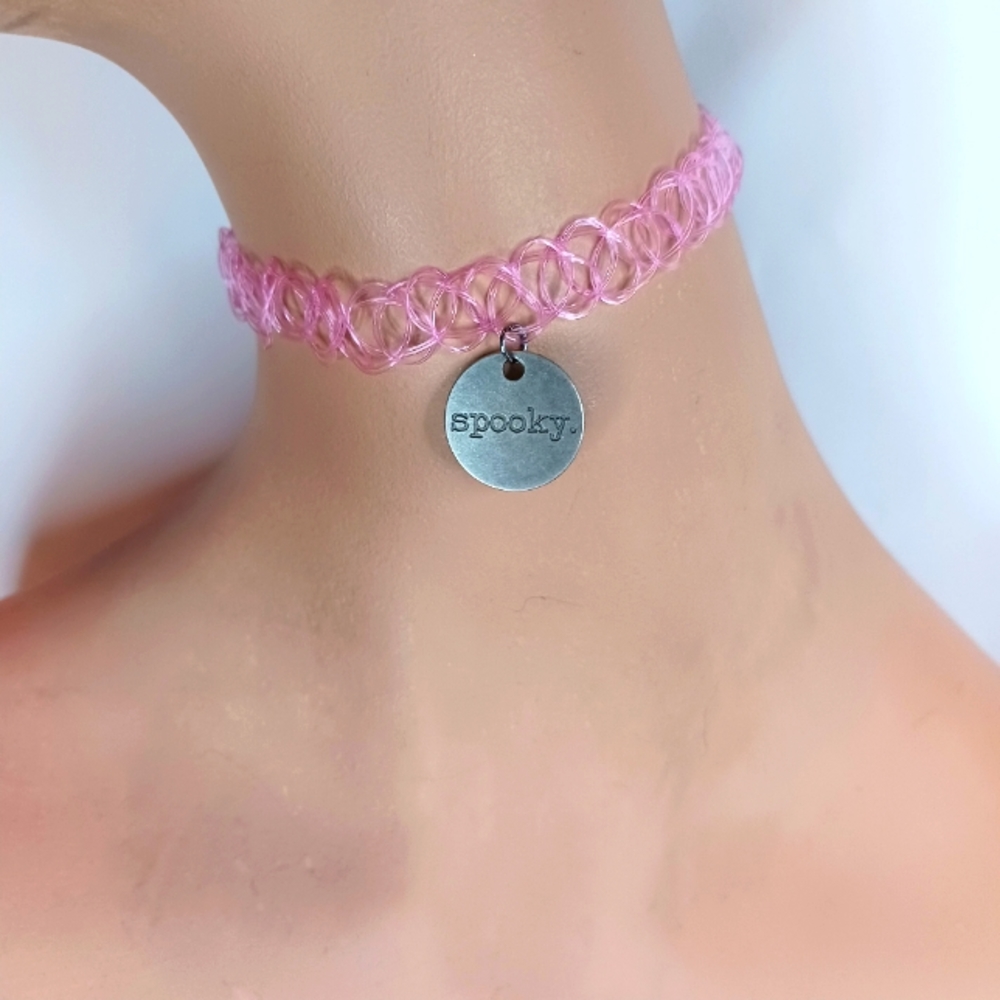 Baby Pink Tattoo Choker Necklace with Spooky Charm.